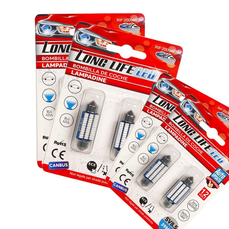 8 Pezzi Lampada Led Siluro 39mm Canbus T11 SV8.5 C5W C10W 36 SMD 3014 12V 1.8W 160lm Luce Colore Blu