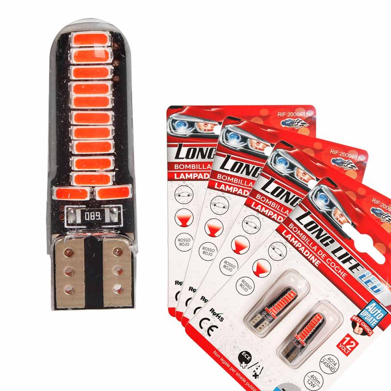 8 Pezzi Lampada Led T10 W5W 24 SMD 4014 12V 1.2W 40lm Luce Colore Rosso 34mm