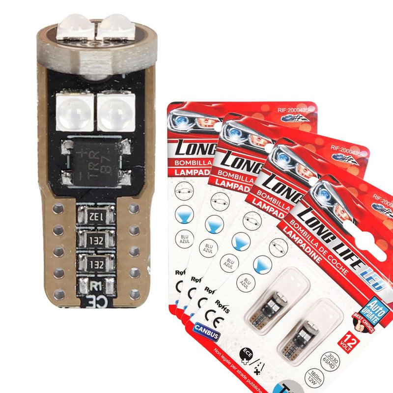 8 Pezzi Lampada Led T10 W5W 6 SMD 3030 12V 1.2W 180lm Luce Colore Blu 26mm