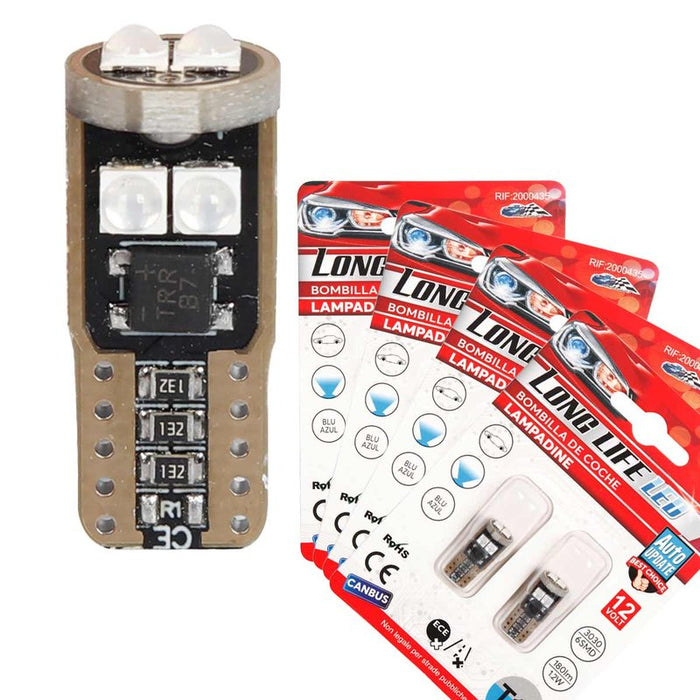 8 Pezzi Lampada Led T10 W5W 6 SMD 3030 12V 1.2W 180lm Luce Colore Blu 26mm