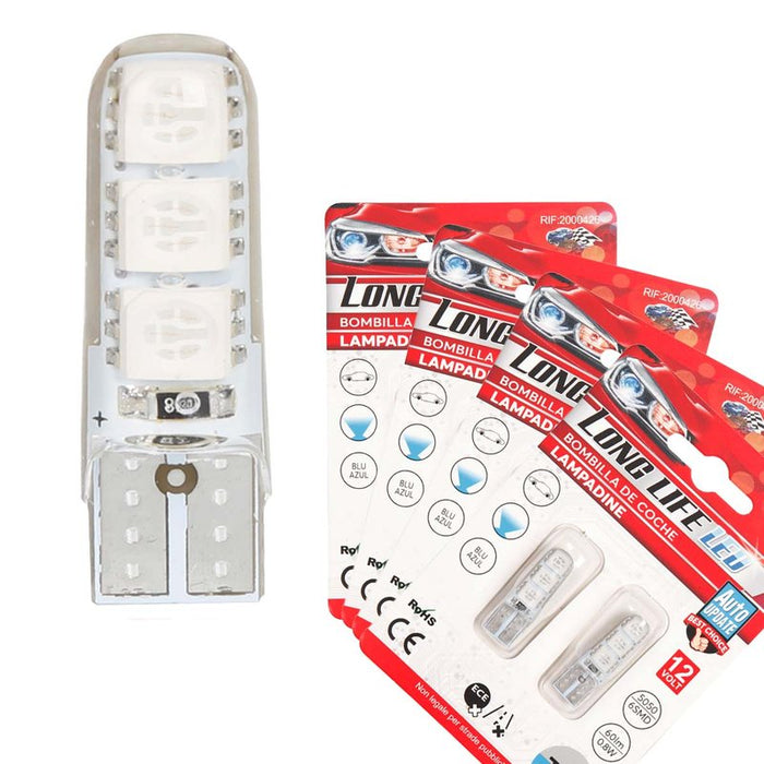 8 Pezzi Lampada Led T10 W5W 6 SMD 5050 12V 0.8W 60lm Colore Blu 34mm