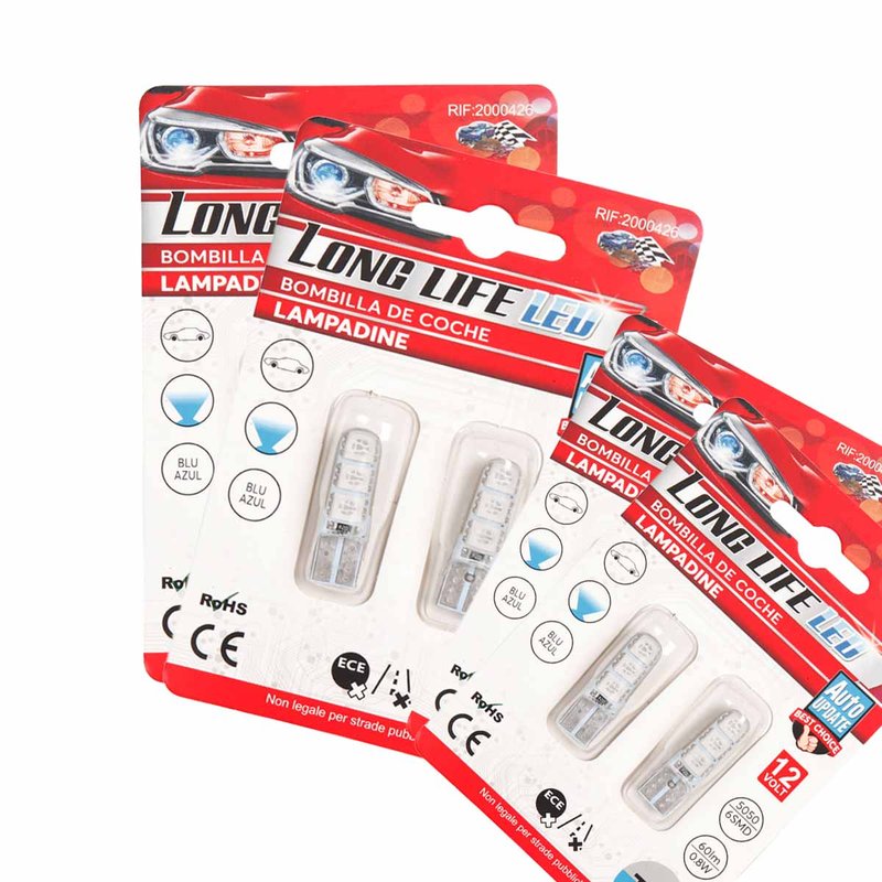 8 Pezzi Lampada Led T10 W5W 6 SMD 5050 12V 0.8W 60lm Colore Blu 34mm