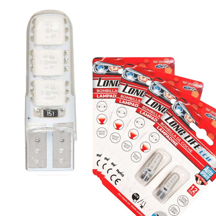 8 Pezzi Lampada Led T10 W5W  6 SMD 5050 12V 0.8W 60lm Colore Rosso 34mm
