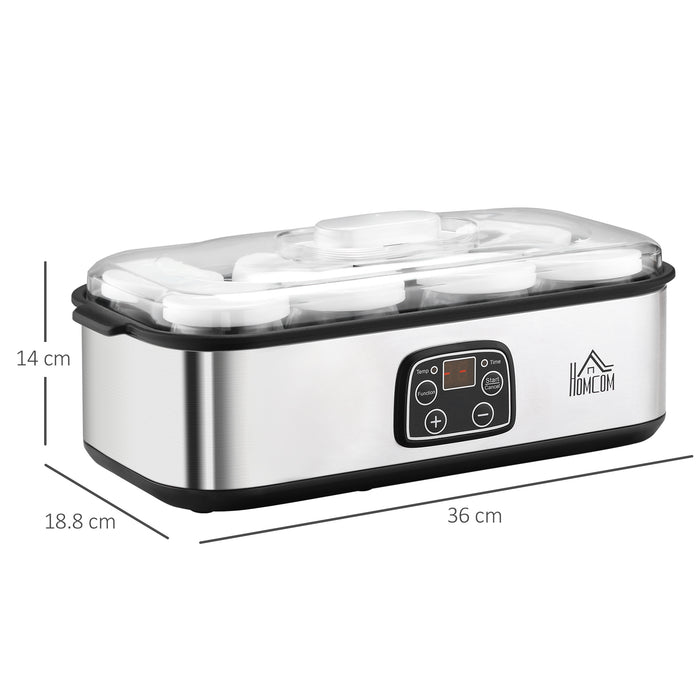 EasyComfort Yogurtiera Elettrica 30W con 8 Vasetti Inclusi, Timer 1-48 Ore e Temperatura Regolabile 20-50°C, 36x18.8x14cm, Argento