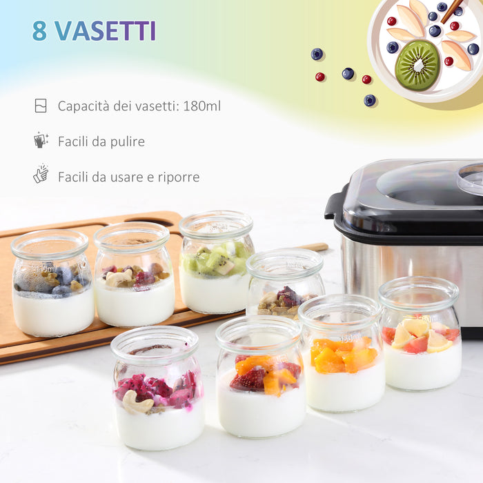 EasyComfort Yogurtiera Elettrica 30W con 8 Vasetti Inclusi, Timer 1-48 Ore e Temperatura Regolabile 20-50°C, 36x18.8x14cm, Argento