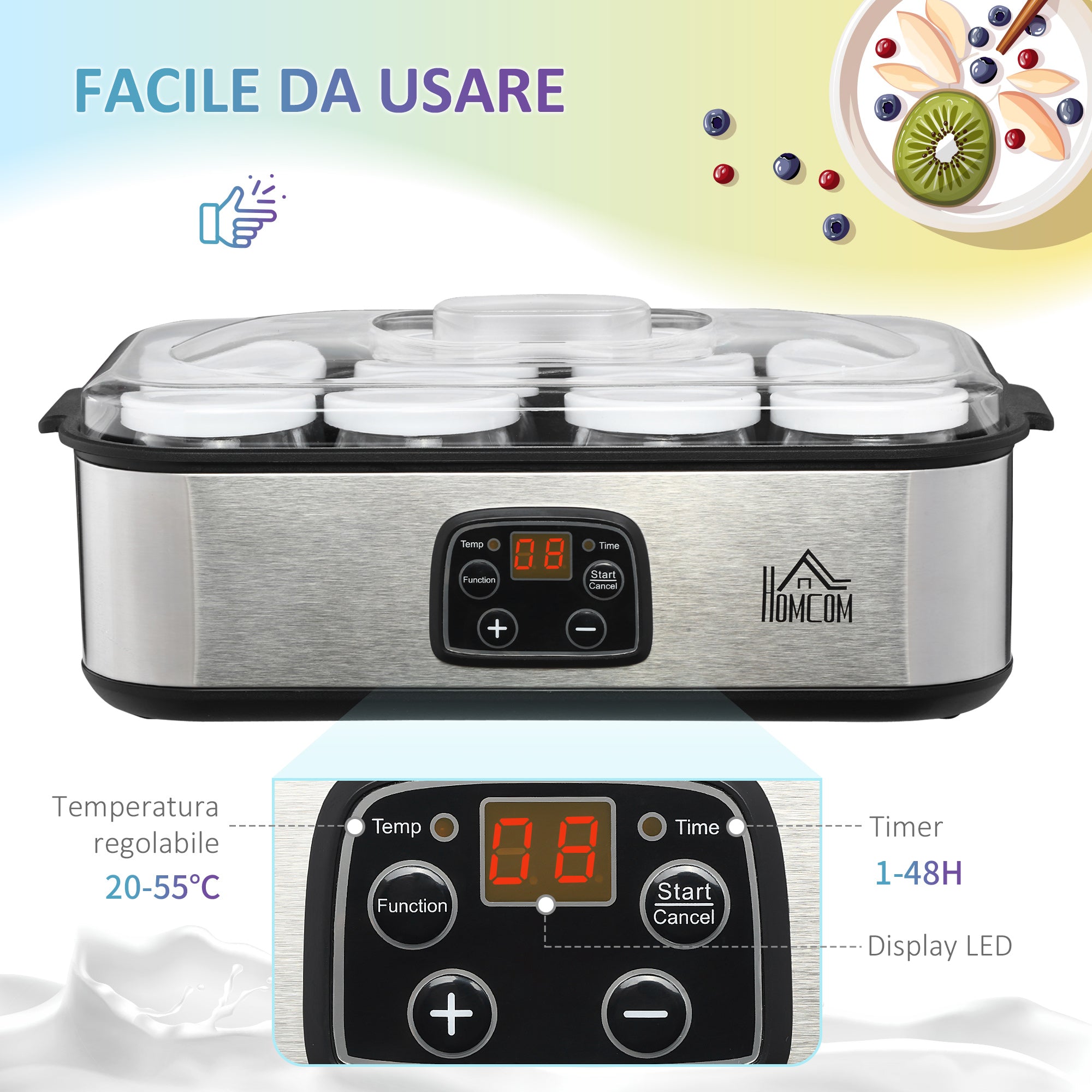 EasyComfort Yogurtiera Elettrica 30W con 8 Vasetti Inclusi, Timer 1-48 Ore e Temperatura Regolabile 20-50°C, 36x18.8x14cm, Argento
