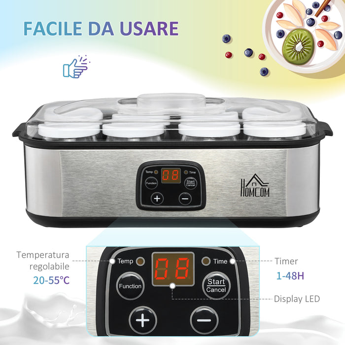 EasyComfort Yogurtiera Elettrica 30W con 8 Vasetti Inclusi, Timer 1-48 Ore e Temperatura Regolabile 20-50°C, 36x18.8x14cm, Argento