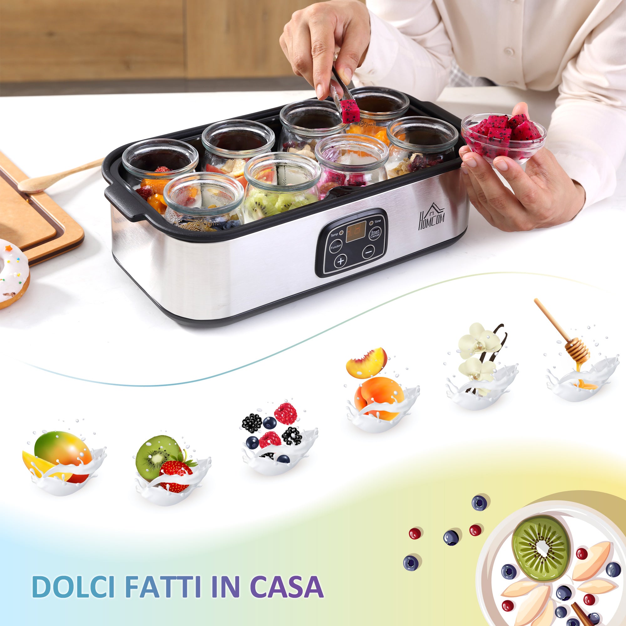 EasyComfort Yogurtiera Elettrica 30W con 8 Vasetti Inclusi, Timer 1-48 Ore e Temperatura Regolabile 20-50°C, 36x18.8x14cm, Argento