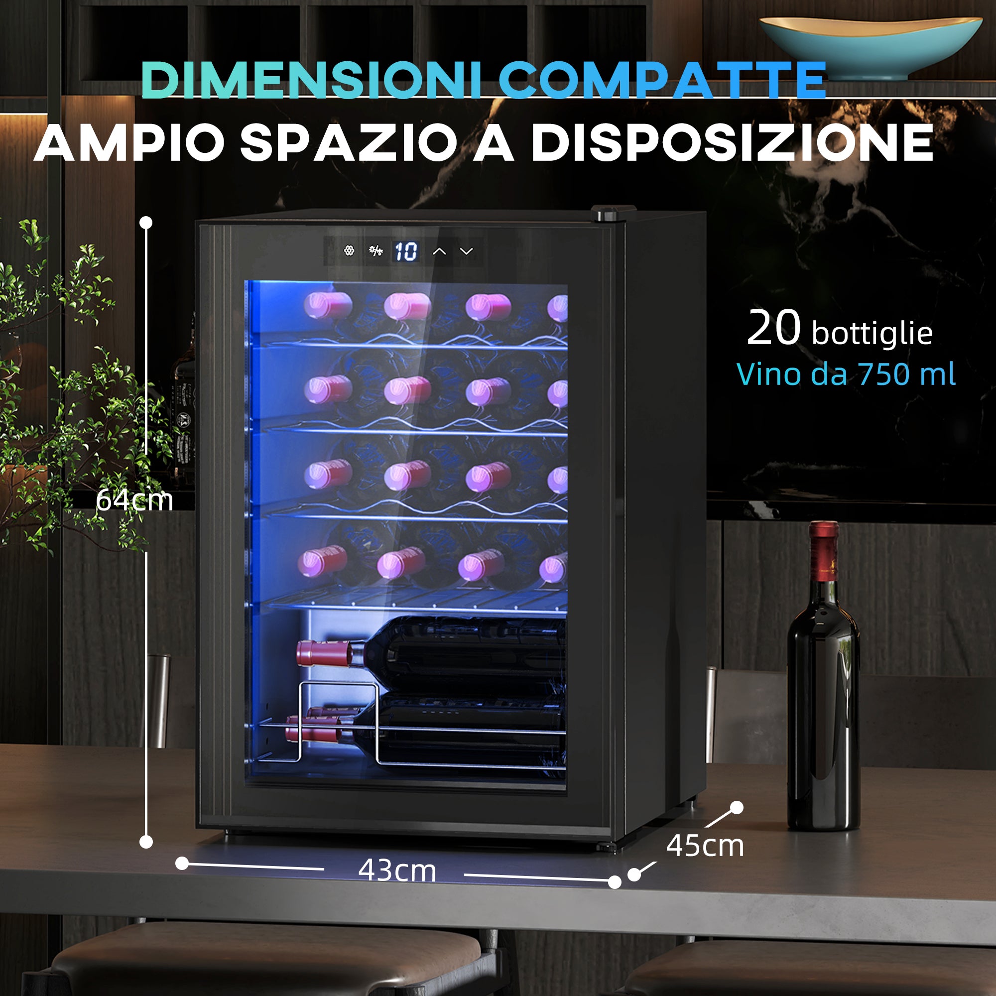EasyComfort Cantinetta Vino Refrigerata per 20 Bottiglie, Capacità 53L, Porta in Vetro Anti-UV e Ripiani Regolabili, Nero