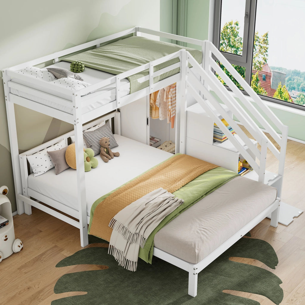 OKWISH Letto a Castello 90×200 cm e 140×200 cm, Letto 3 Posti con Armadio, Scala Contenitore e Mensole, senza Materasso, Bianco