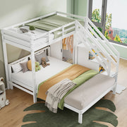 OKWISH Letto a Castello 90×200 cm e 140×200 cm, Letto 3 Posti con Armadio, Scala Contenitore e Mensole, senza Materasso, Bianco