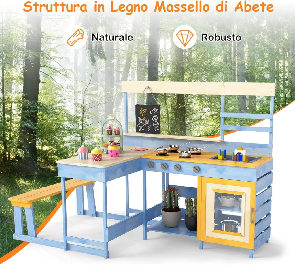 Cucina Giocattolo per Giardino con Tavolo e Panchina da Picnic, Cucina per Bambini in Legno di Abete con Fornelli, Lavandino, Lavagna e Forno, con 17 Accessori, 150 x 71 x 98 cm (Blu)