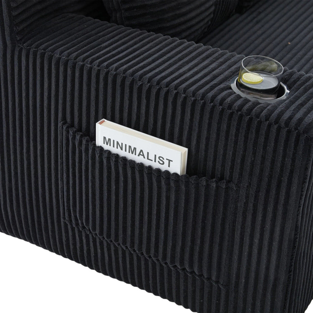 Divano pouf 151x133x64 cm con tasche laterali in velluto a coste nero
