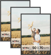 Set di 3 Cornici Foto 50x70 cm con Passepartout, Portafoto da Parete e Tavolo, Verticale o Orizzontale, in Legno Massiccio, Nero