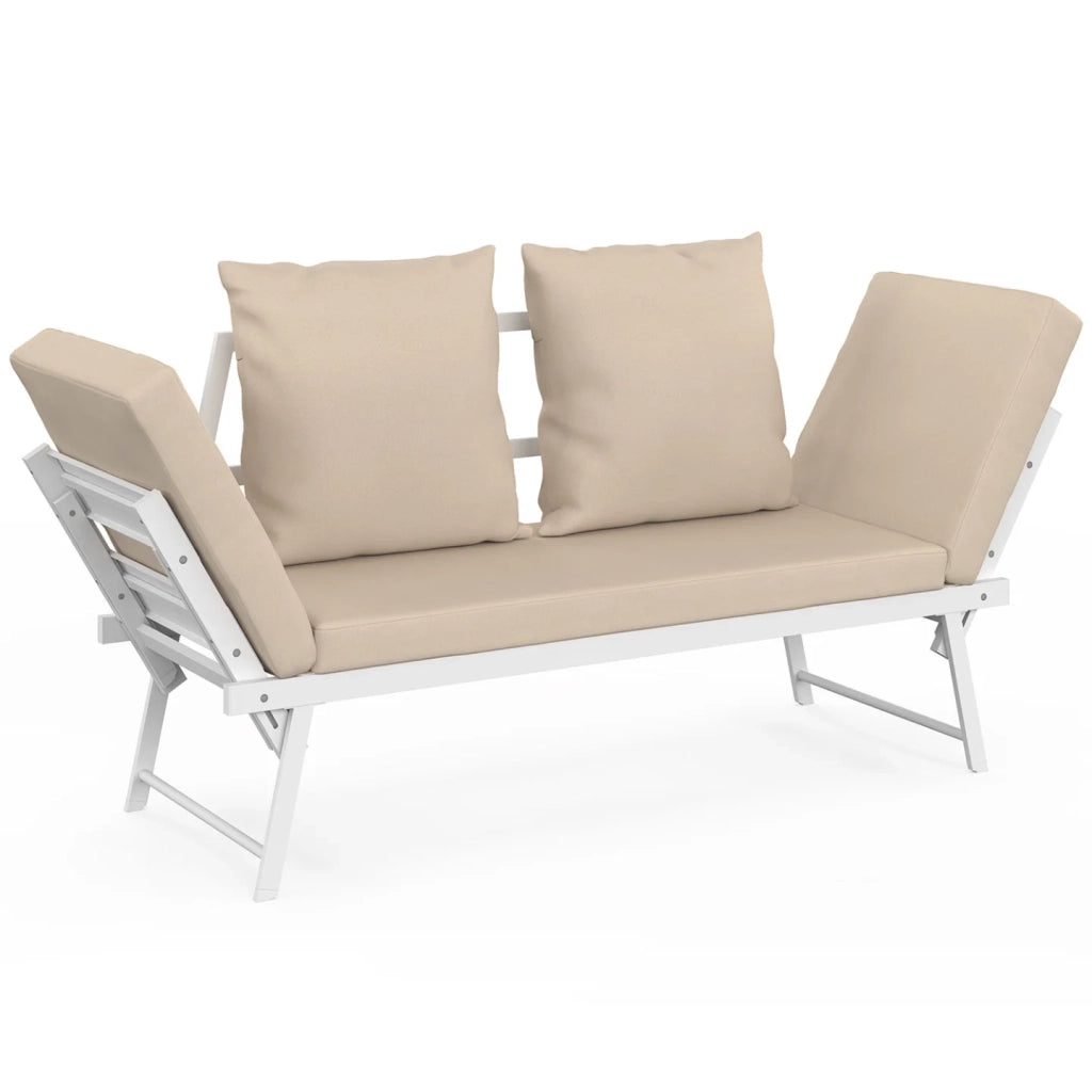 IDMarket - Divano da giardino, panca trasformabile NOLA 2/3 posti con braccioli reclinabili in metallo bianco e cuscini beige