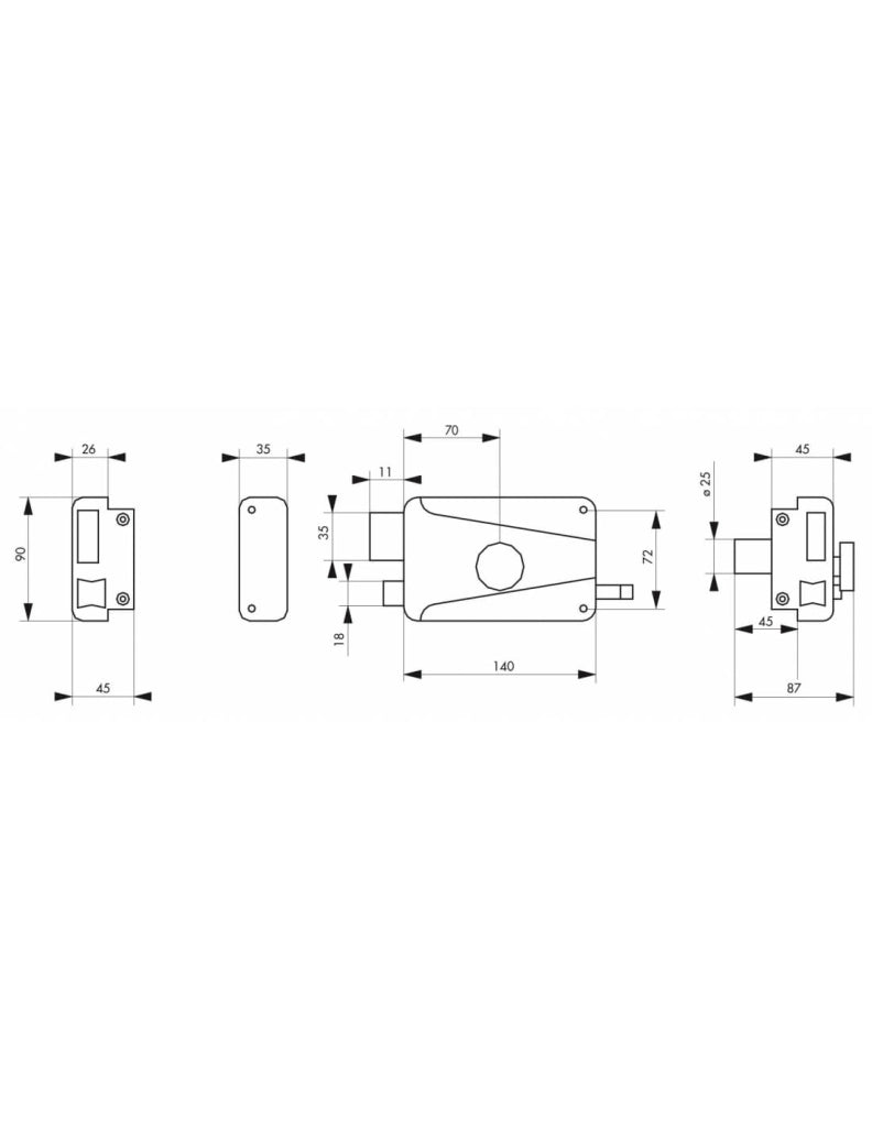 Serratura con cilindro, pomolo e tirante 140 x 90 mm, sinistra – THIRARD