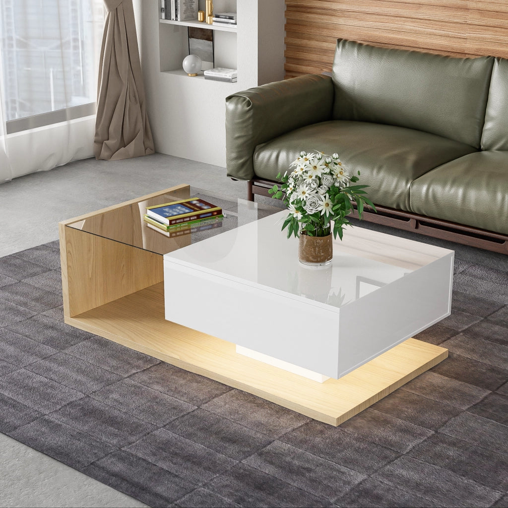 OKWISH Tavolino da Salotto Rettangolare con Piano in Vetro, Vano Contenitore e LED a 16 Colori, per Soggiorno, 105×55×32,5 cm