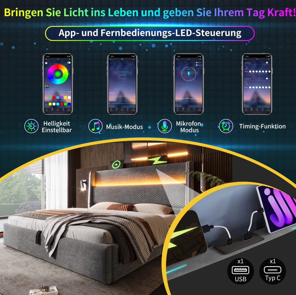 Letto matrimoniale idraulico con testiera alta, LED e USB Tipo C