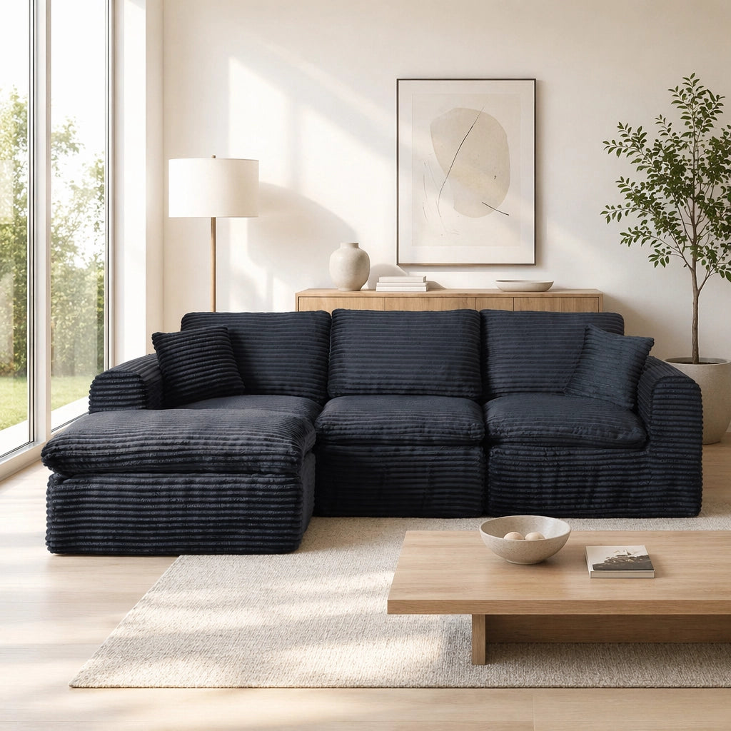 Divano modulare 3 posti con funzione letto e chaise longue in velluto a coste nero e blu 280×180×65 cm