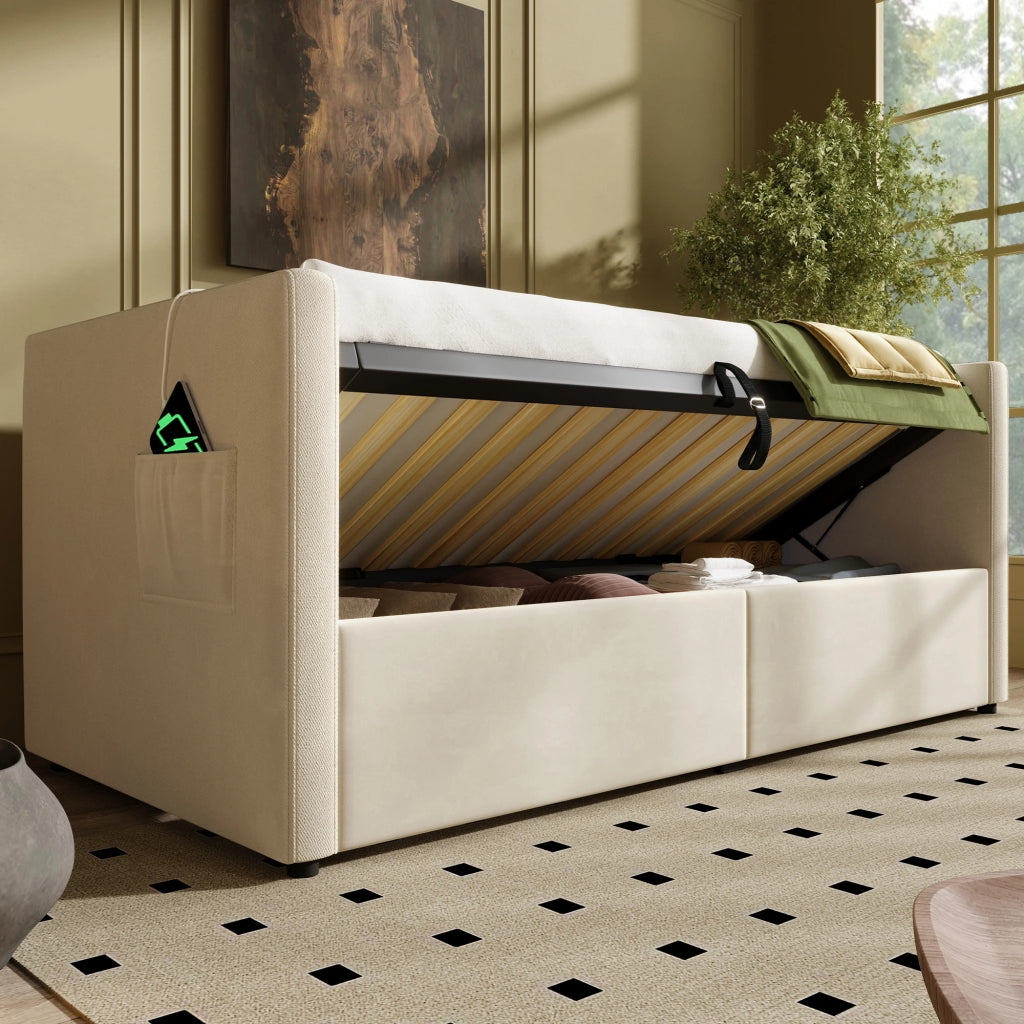 Divano letto imbottito 90x200 cm in velluto beige con contenitore idraulico e porta USB/Type-C