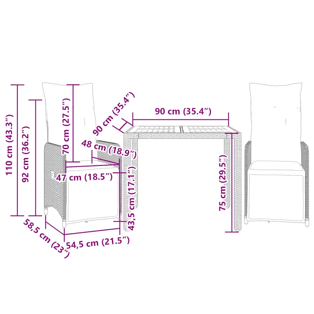 Set BistrÃ² da Giardino 3 pz con Cuscini in Polyrattan Nero