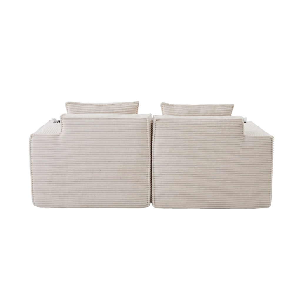 Divano modulare a 2 posti con porta bicchieri, tasche laterali e cuscini lombari in tessuto a coste beige 188 × 90 × 75 cm