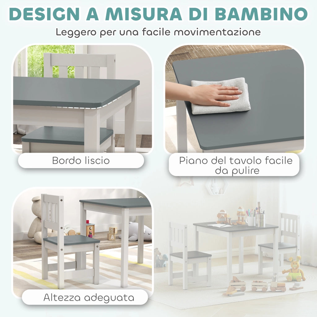 Set Tavolo e Sedie per Bambini da 3-8 Anni in Legno con Bordi Arrotondati Grigio e Bianco