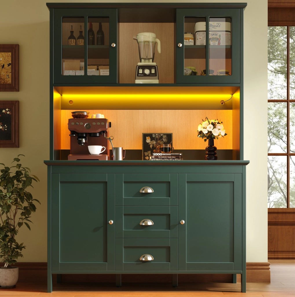 Credenza da cucina verde con LED e vetro, 120x40x179 cm