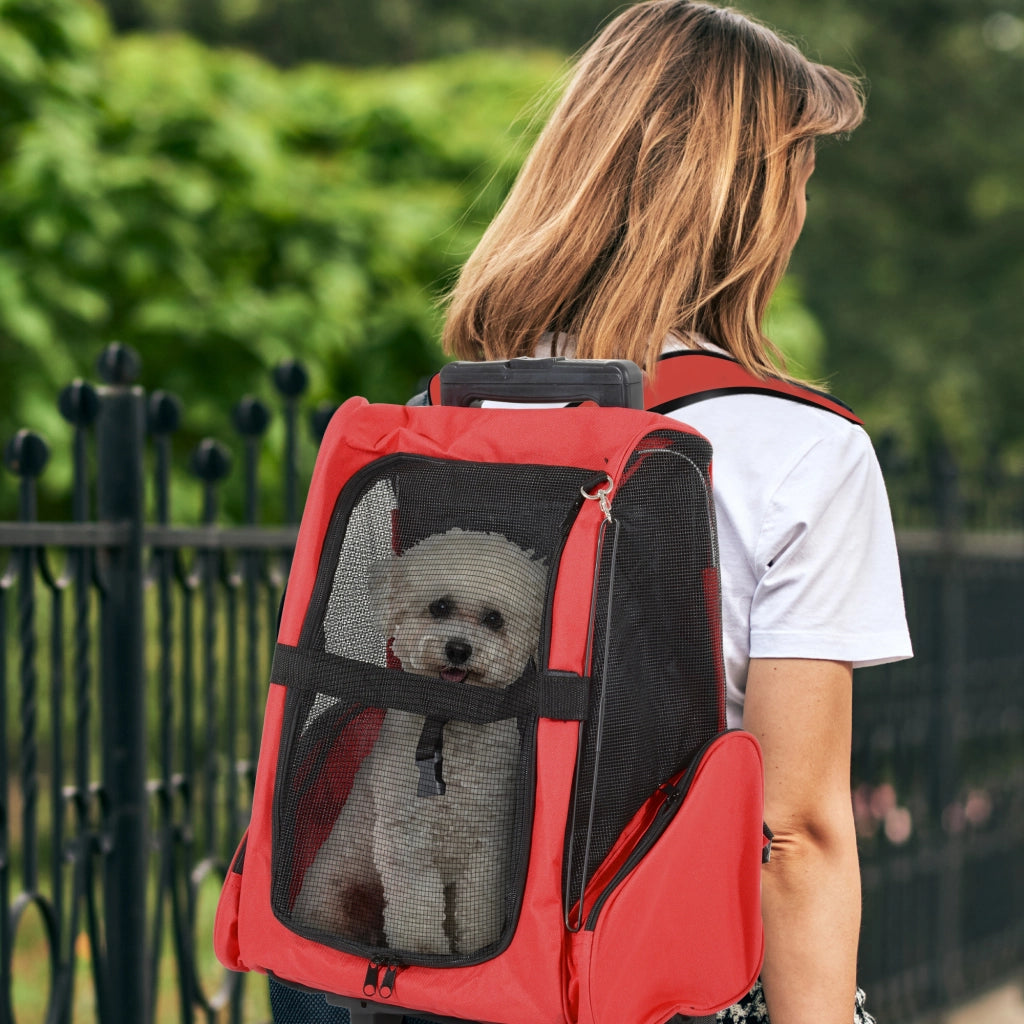 Trasportino Zaino 2 in 1 per Cani e Gatti con Tasche e Ruote ¨C zephmum ¨C 42x25x55cm Rosso