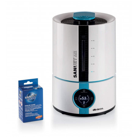 Ariete 2836 sani-jet air, umidificatore a ultrasuoni con funzione igienizzante, 30 watt, capacità serbatoio 5l, 3 livelli di intensità, display led, bianco/azzurro - 00B2836P0AR0