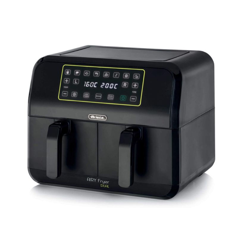 Ariete 4623 airy fryer dual, friggitrice ad aria con doppio cestello, 1700 w, capacità 8l, 3 funzioni di cottura, pannello digitale led touch, 8 programmi preimpostati, timer, 2 cestelli, nero - ARI4623