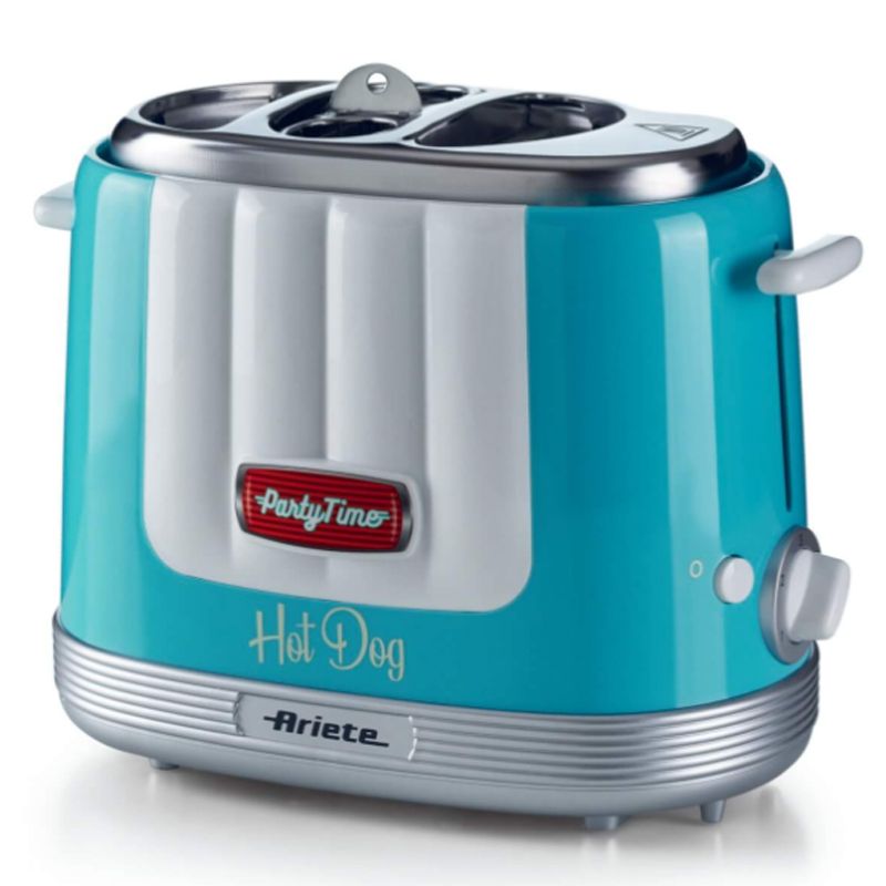 Ariete 206 hot dog maker party time, macchina per fare hot dog, 650 w, 5 livelli di cottura, 4 spazi di cottura, espulsione automatica, azzurro - ARI0206/01