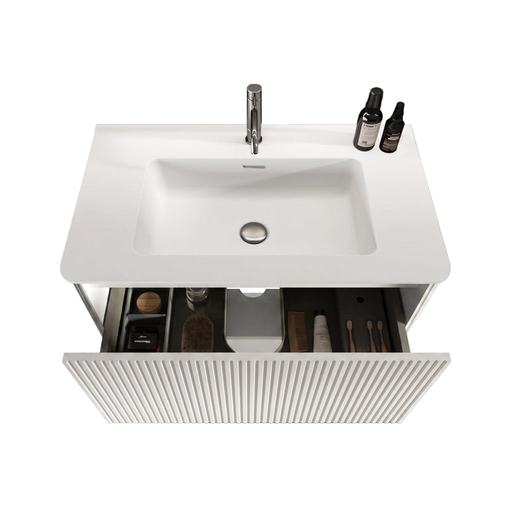 Mobile bagno sospeso ULEVR 80 cm con lavabo in solid surface e cassetti push-to-open, bianco