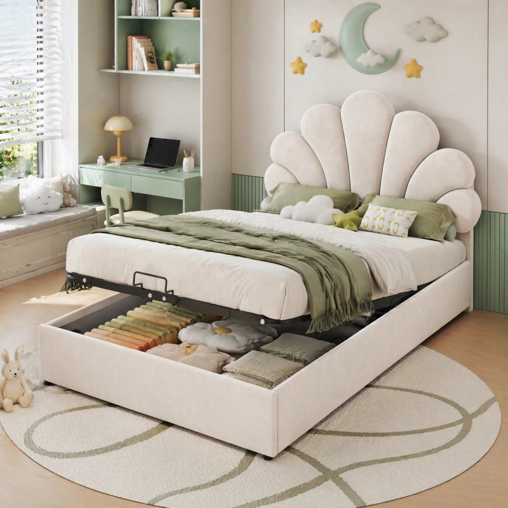 Letto imbottito 90 x 200 cm in velluto con contenitore idraulico; beige