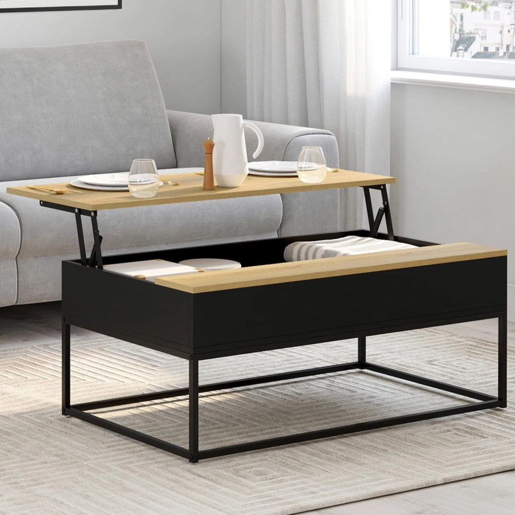 Tavolino rettangolare con piano sollevabile BOSTON 100 cm nero design industriale piano in legno