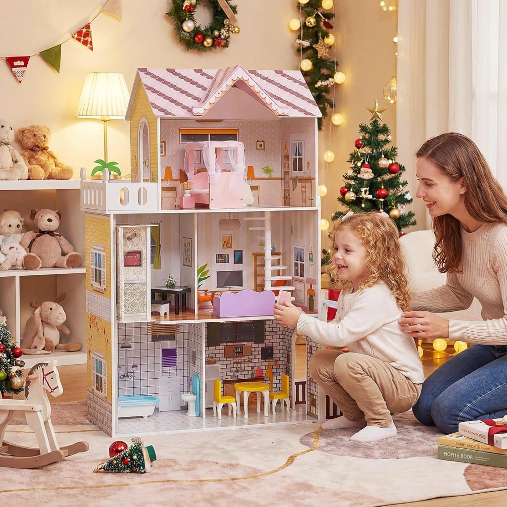 Casa delle Bambole in Legno, Casa Barbie a 3 Piani con Mobili, Ascensore, Balcone, Giardino e 16 Accessori, Fai-da-Te Giocattolo per Bambini 3+ Anni,102 x 34 x 120,5 cm