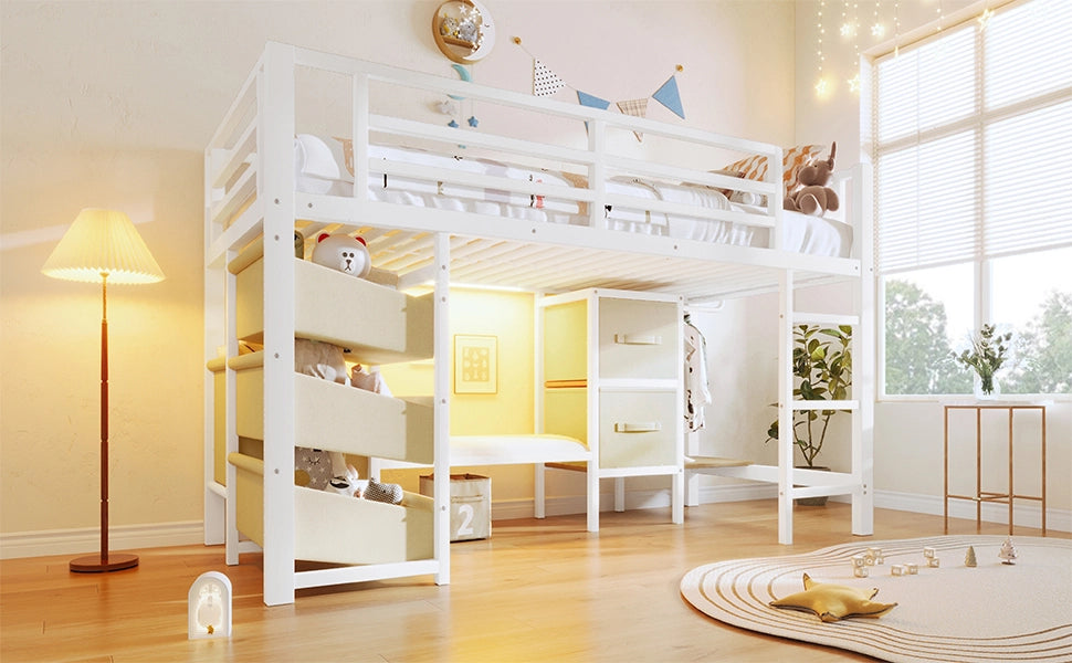 DESMIU Letto Rialzato 1 Posto con Cuscino Seduta, Cassetto, Tasca Contenitore e LED 90 × 200 cm senza Materasso