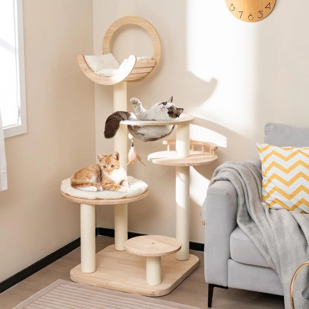 Tiragraffi per Gatti 4-in-1, Albero per Gatti in Legno di Quercia a Blocchi con Capsula Spaziale, Tiragraffi in Sisal, Piattaforma Imbottita e Giocattolo Appeso, 60 x 60 x 146 cm