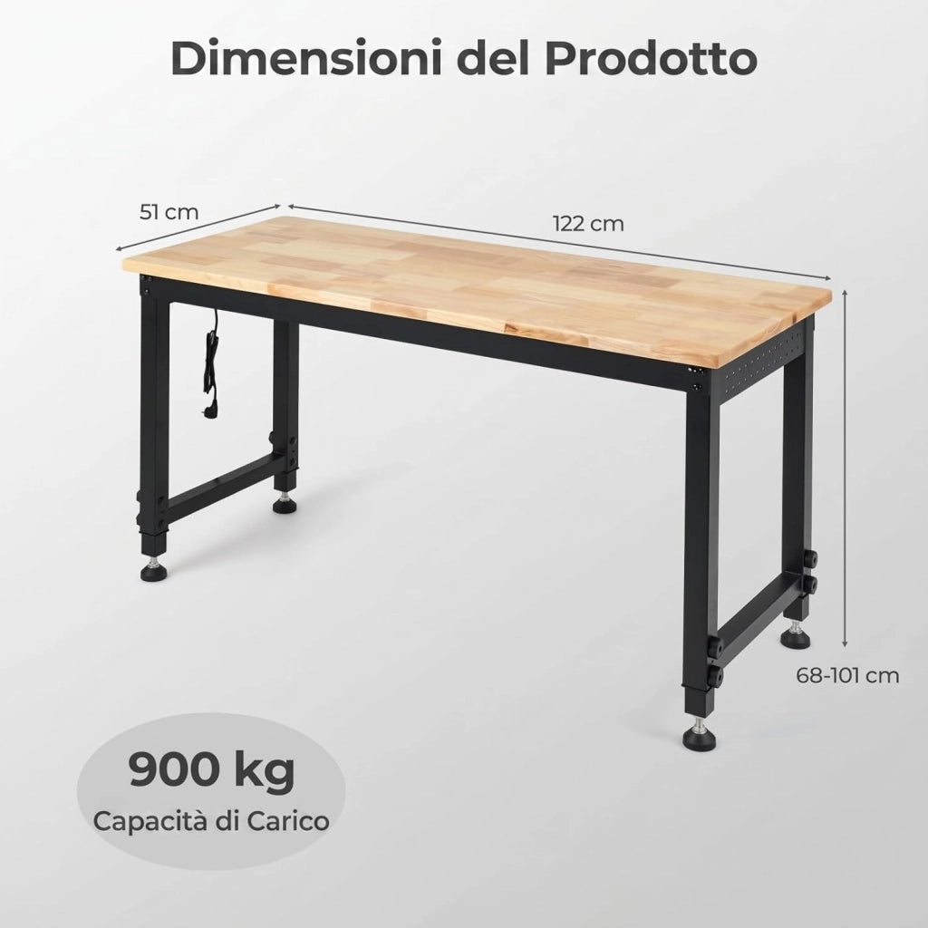 Banco da Lavoro Officina 122 x 51 cm, Tavolo da Lavoro Regolabile in Altezza con Stazione di Ricarica e Pannello Forato, Banco da Saldatura in Metallo per Garage e Magazzino, Portata 900 kg