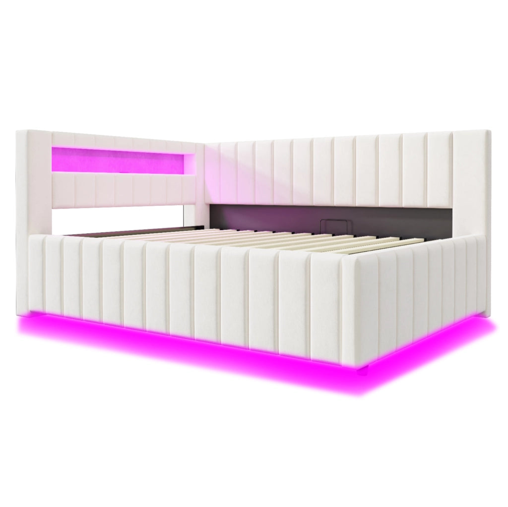 Letto imbottito 140x200 cm; contenitore idraulico; LED e USB; velluto; beige (Senza materasso)