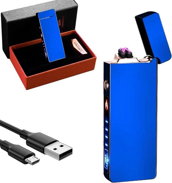 Aansteker elettrica riconfigurabile, impermeabile, inodore, con indicatore di batteria LED e contenitore regalo (blu)