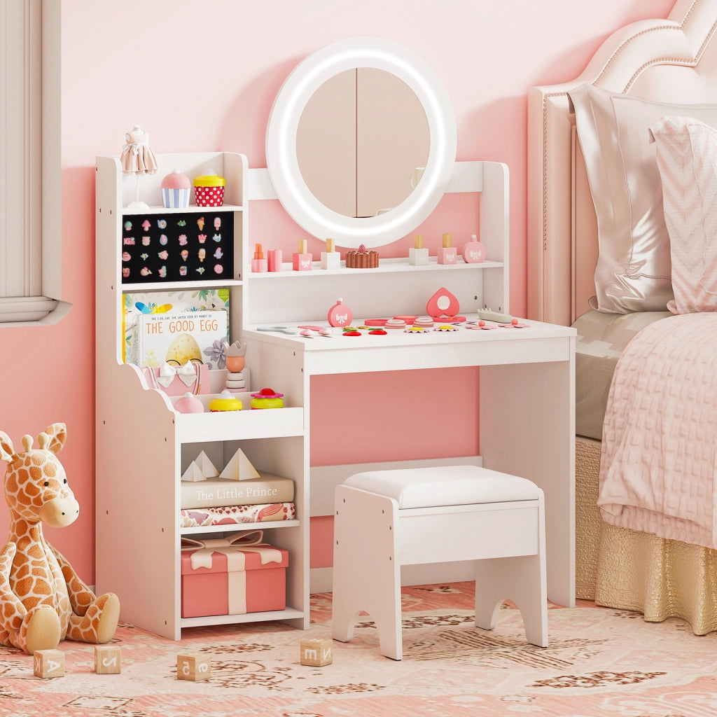 Scrivania bambini specchio luci tavolo trucco principessa scaffale aperta-Tavolo anelli spazi sgabello imbottito finzione giochi bambini Bianco