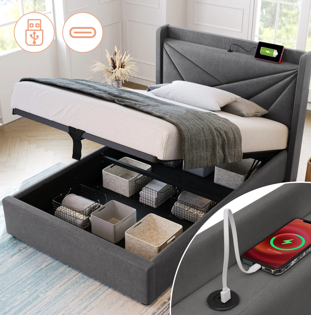 Letto singolo contenitore 90x200 cm grigio con USB-C e materasso