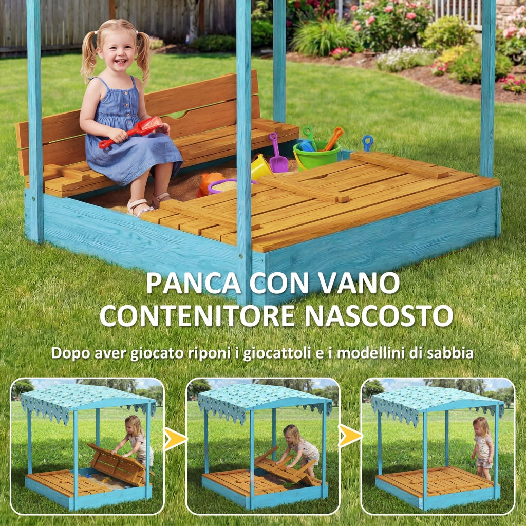Sabbiera per Bambini 3-6 Anni 134,5x127,5x130 cm con Tettuccio Dinosauri Sedute Pieghevoli Coperchio e Fodera in Legno