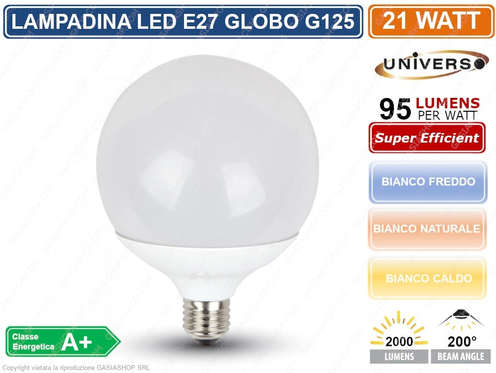 UNIVERSO G125-09 LAMPADINA LED E27 21W GLOBO G120 2000 LUMEN - Colore Luce:Bianco Caldo