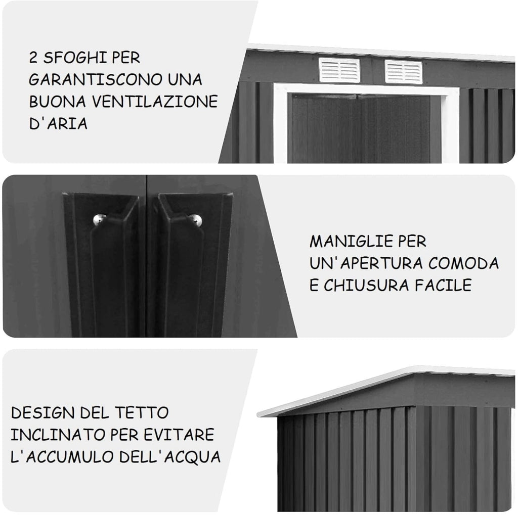 Casetta da Esterno per Attrezzi in Acciaio 2,8㎡, con Base, Porte Scorrevoli, Maniglie e Sfoghi, Capanno da Esterno per Giardino, Cortile e Fattoria, 213 x 173 x 130 cm