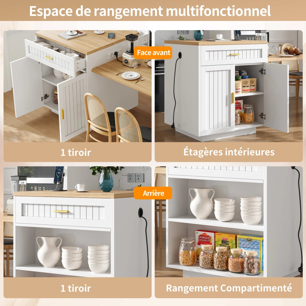 Carrello da cucina estensibile con presa integrata; 1 cassetto; ante e ripiani regolabili; per cucina; 121;5 × 70 × 92 cm