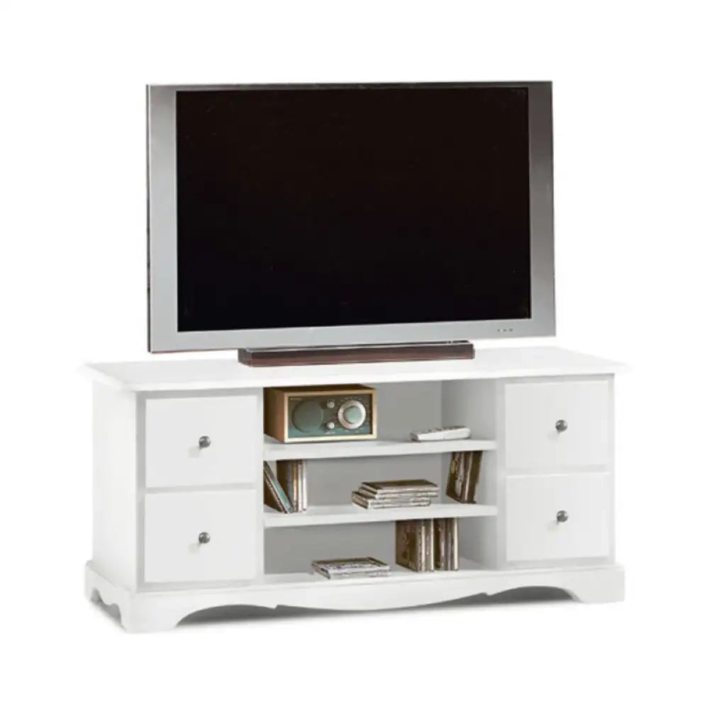 Mobile Porta TV 4 cassetti 3 ripiani arte povera in legno massello e mdf con rifinitura in bianco 117X49X53 H