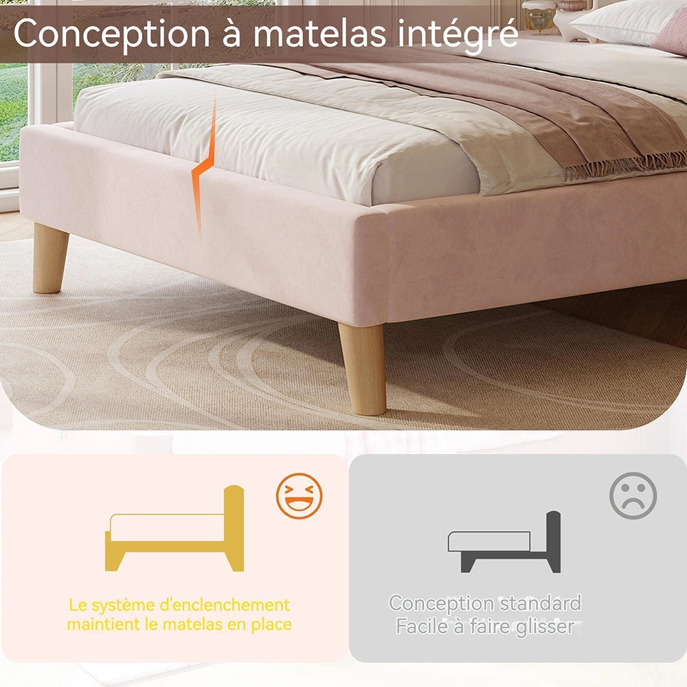 Letto imbottito-Xylo-90x200cm testiera velluto piedi legno massiccio rosa