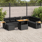 Set Divani da Giardino 9 pz con Cuscini Nero Polyrattan Acacia 3327632